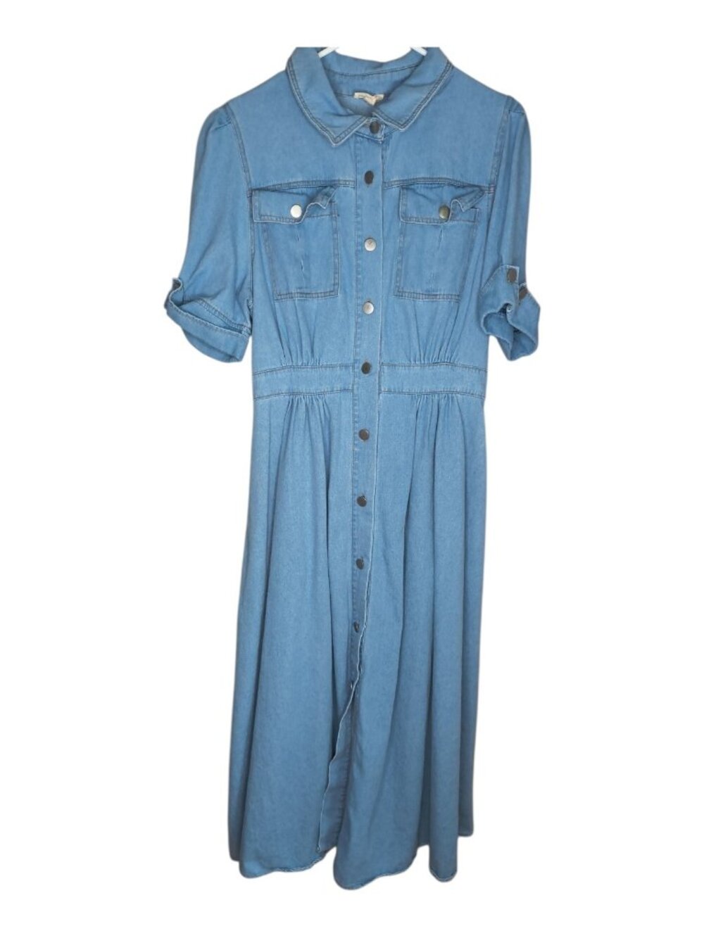 BIbi Women's Size Large Denim Maxi Dress Button Down Cottage Core With Pockets